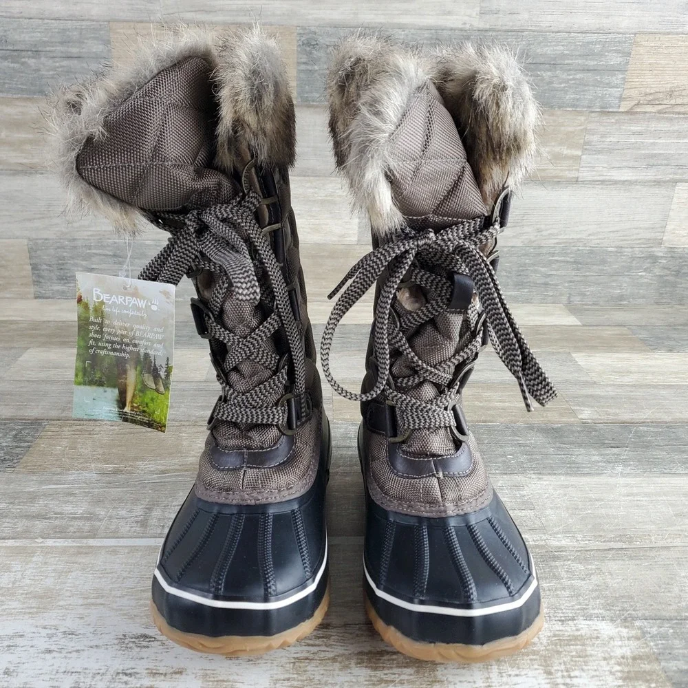 Bearpaw Mckinley Womens Tall Winter Duck Boots Sz 5 Brown Rubber Comfort Lace Up